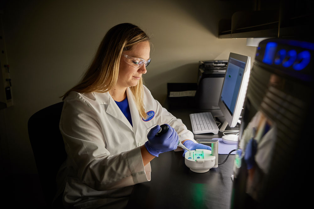 KalinauskasCOLOR180709a009 Ashley Kalinauskas in the Torigen Pharmaceuticals lab in the TIP space at the Cell and Genome Sciences Building