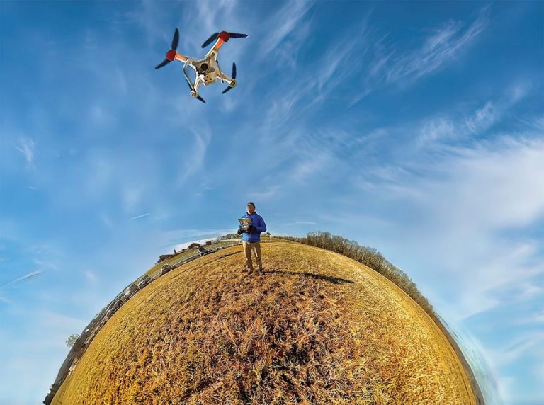 A panoramic photograph of Professor Milton Levin flying his drone camera on Horsebarn Hill.