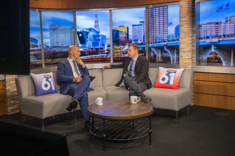 Professor of Pharmacy Practice Michael White talking on Fox 61 News on Dec. 12, 2019. (Sean Flynn/UConn Photo)