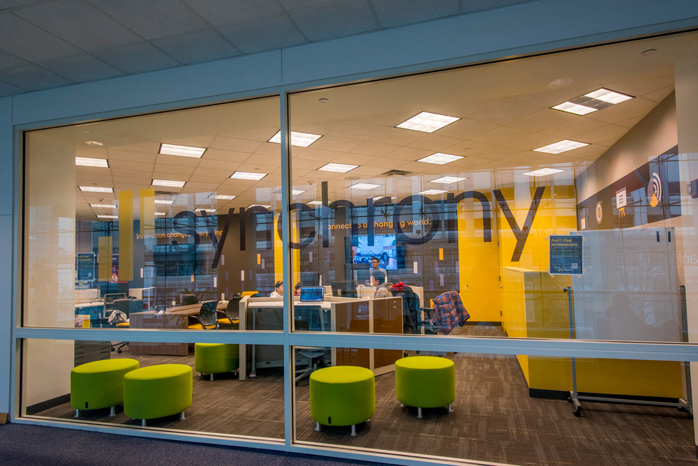 The Synchrony space at Uconn Stamford where students intern for the company