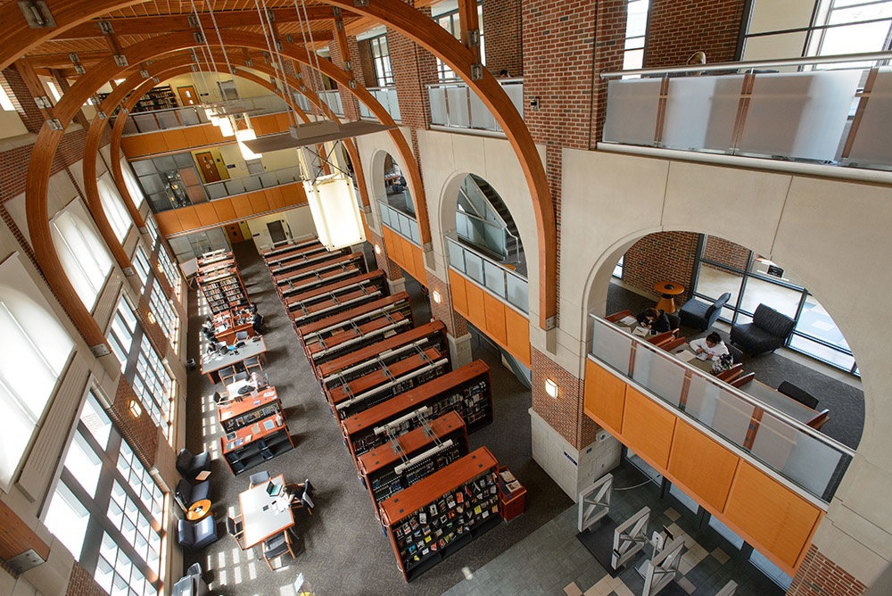 A view of the UConn Waterbury library's three floors