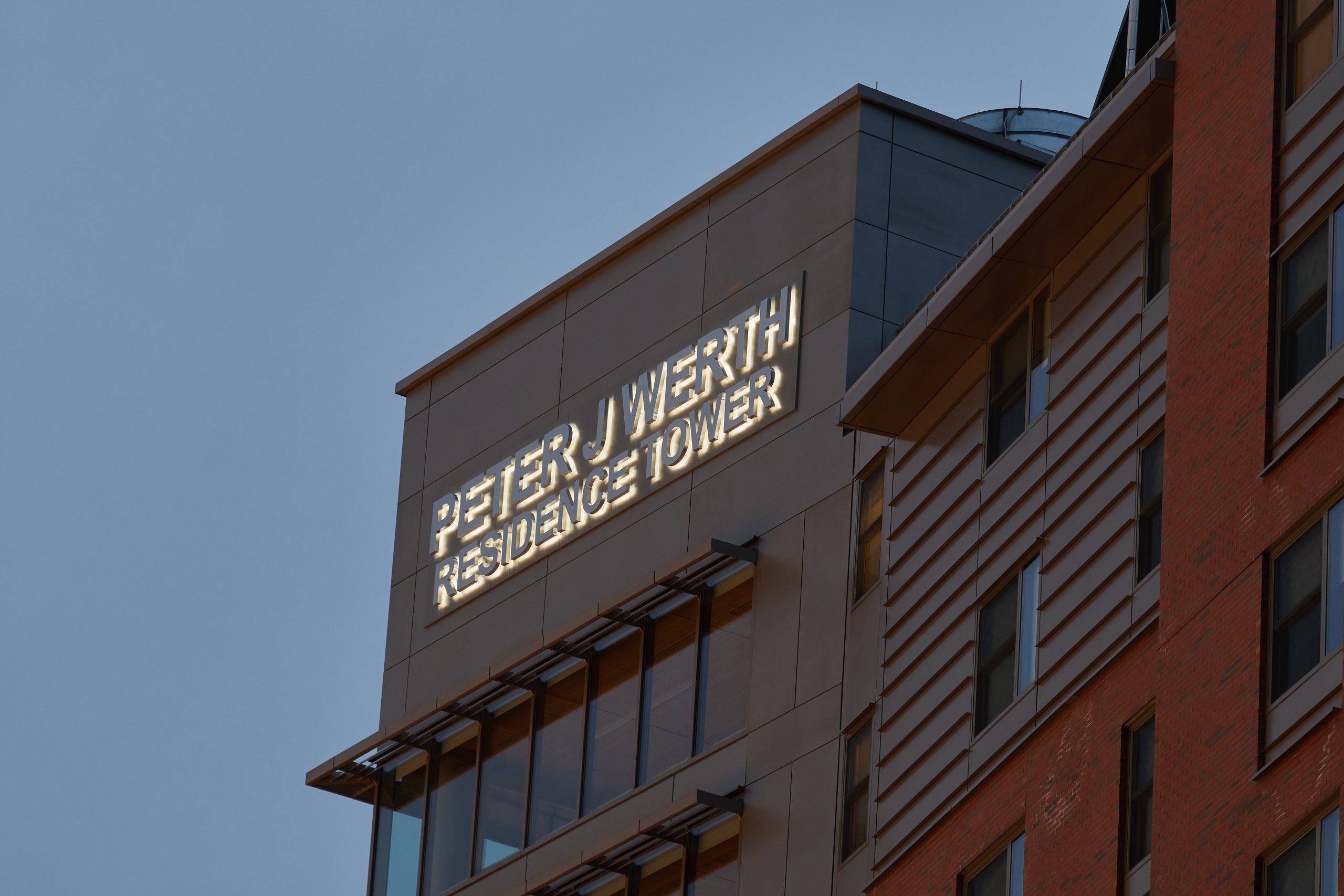 A view at dusk of the Peter J. Werth Residence Tower on Jan. 14, 2021.