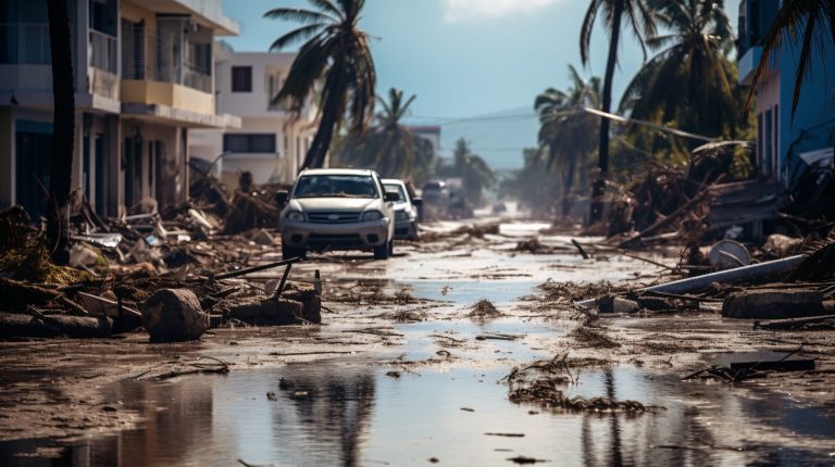 Flooded streets in a city following a hurricane.