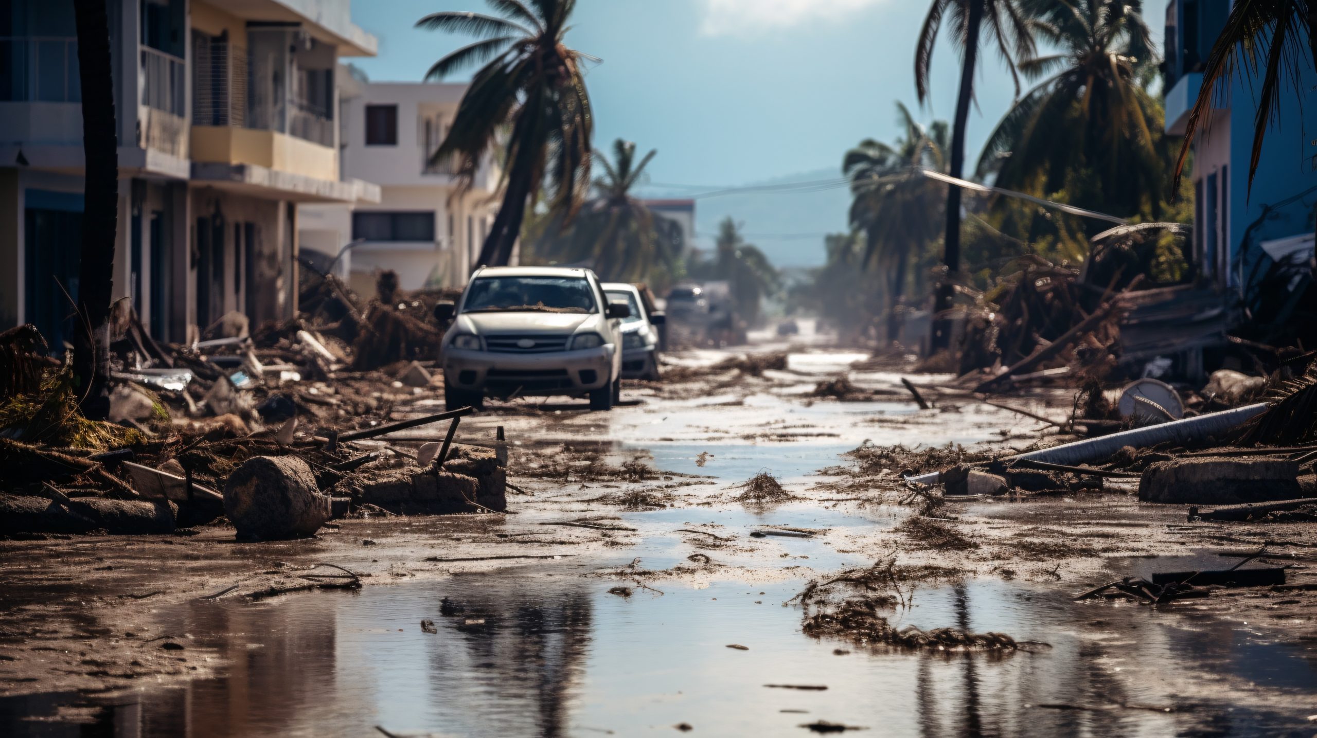 Flooded streets in a city following a hurricane.